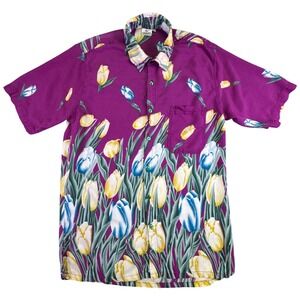 Bali Collection Button Down Shirt Men's XL Purple Tulip Floral Hawaiian Floral